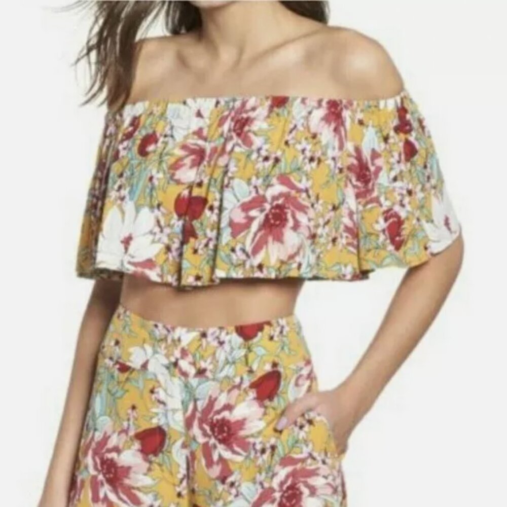 Leith Yellow Floral Off the Shoulder Crop Top